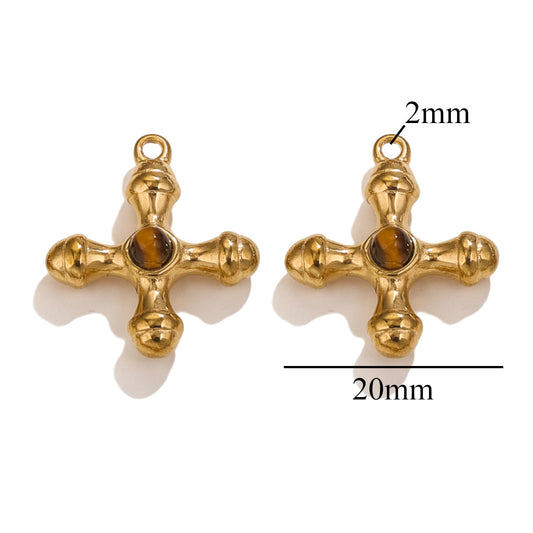 Retro Light Luxury Natural Tiger Eye Cross Pendant | 18K Titanium Steel DIY Jewelry Charm, Ins Style Pendant for Necklace Making