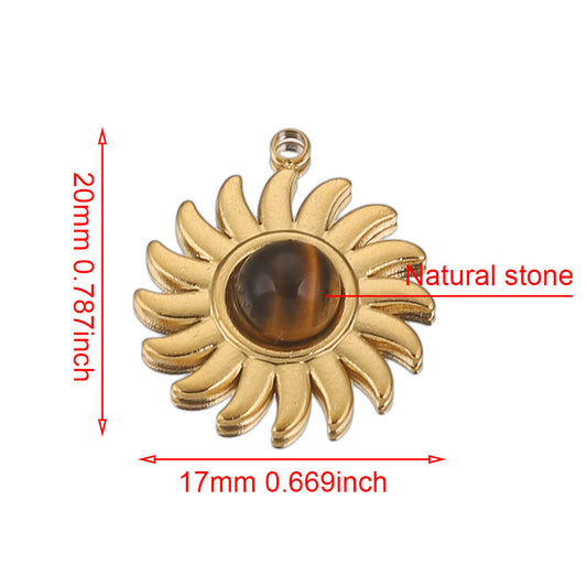 18kt Stainless Steel Bohemian Tiger Eye Sun Pendant | DIY Jewelry Charm for Earrings & Necklace Making, Craft Supplies