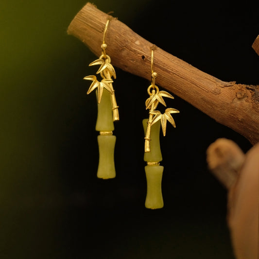 Original Xiuyu Jade Bamboo Earrings, Natural Green Stone Drop Earrings, Handmade Gemstone Dangle Jewelry for Women, Unique Oriental Gift