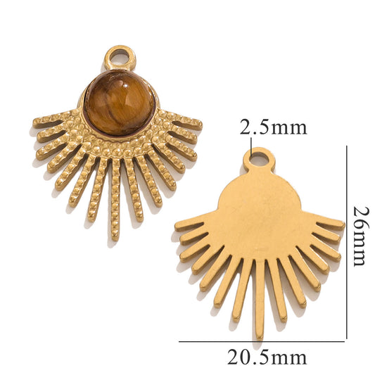 Stainless Steel Fan-Shaped Pendant Charm | Tiger Eye Stone Inlaid with Sunburst, DIY Accessory for French Earrings & Necklaces
