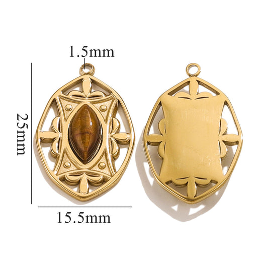 Stainless Steel (Titanium Steel) Oval Pendant | Sunburst Design with Marquise Tiger Eye Stone, Minimalist Luxury DIY Jewelry