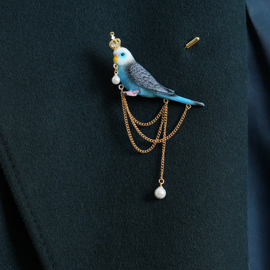 Blue Budgie Crown Brooch, Handmade Bird Jewelry, Pearl Chain Pin, Gift for Bird Lovers