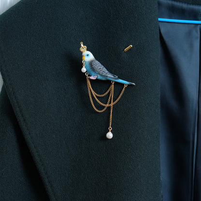 Blue Budgie Crown Brooch, Handmade Bird Jewelry, Pearl Chain Pin, Gift for Bird Lovers