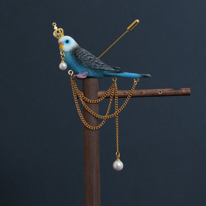 Blue Budgie Crown Brooch, Handmade Bird Jewelry, Pearl Chain Pin, Gift for Bird Lovers