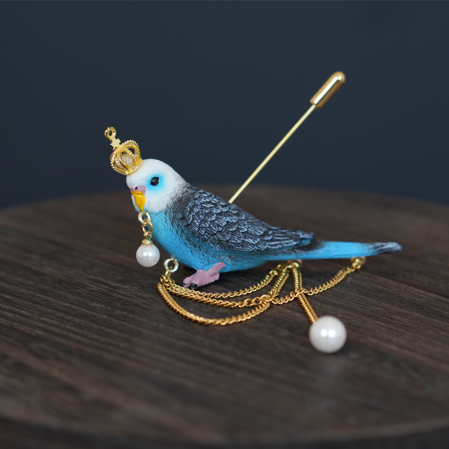 Blue Budgie Crown Brooch, Handmade Bird Jewelry, Pearl Chain Pin, Gift for Bird Lovers