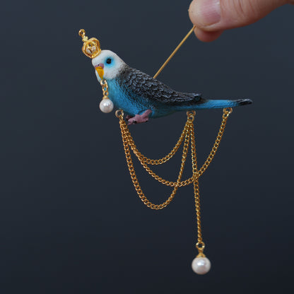 Blue Budgie Crown Brooch, Handmade Bird Jewelry, Pearl Chain Pin, Gift for Bird Lovers