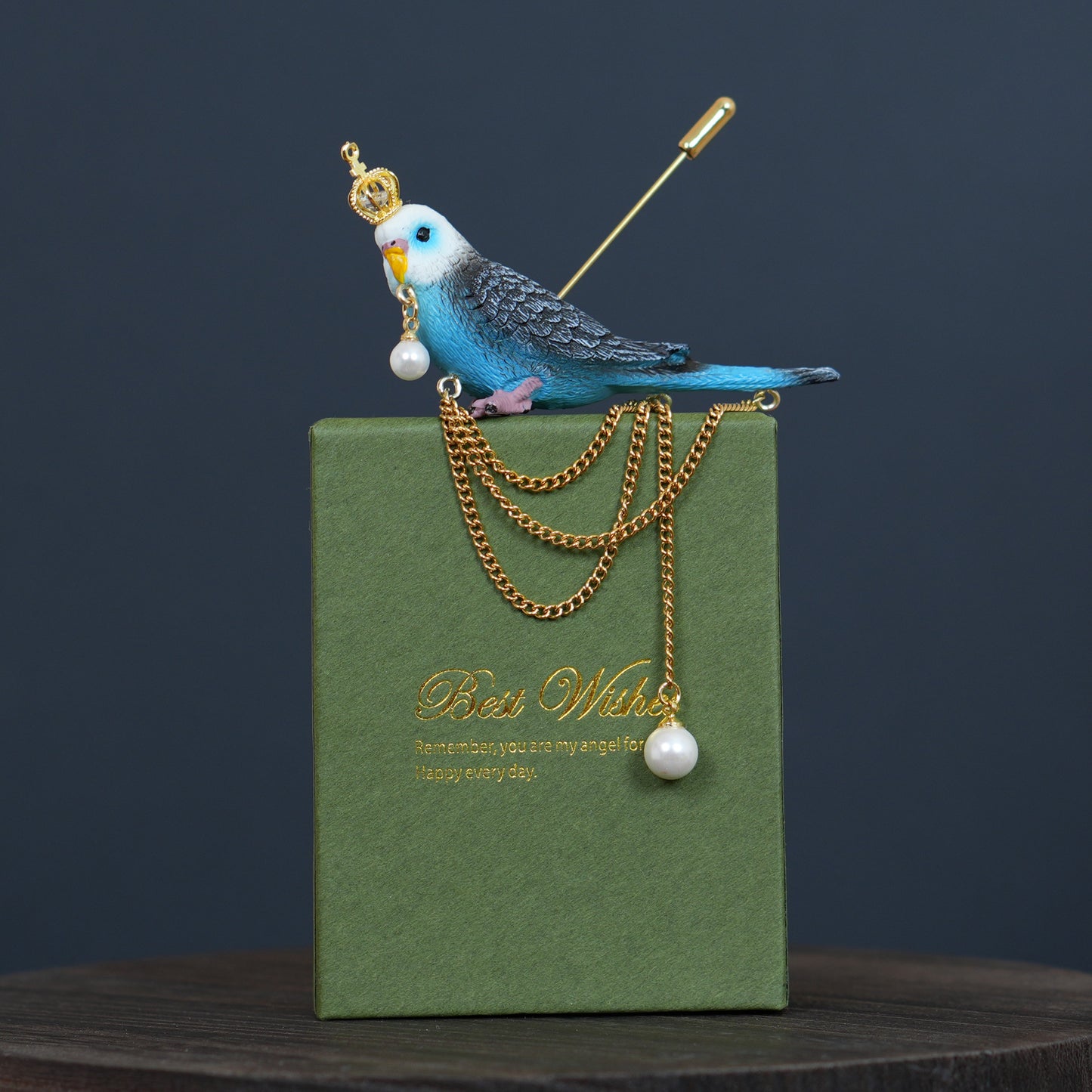 Blue Budgie Crown Brooch, Handmade Bird Jewelry, Pearl Chain Pin, Gift for Bird Lovers
