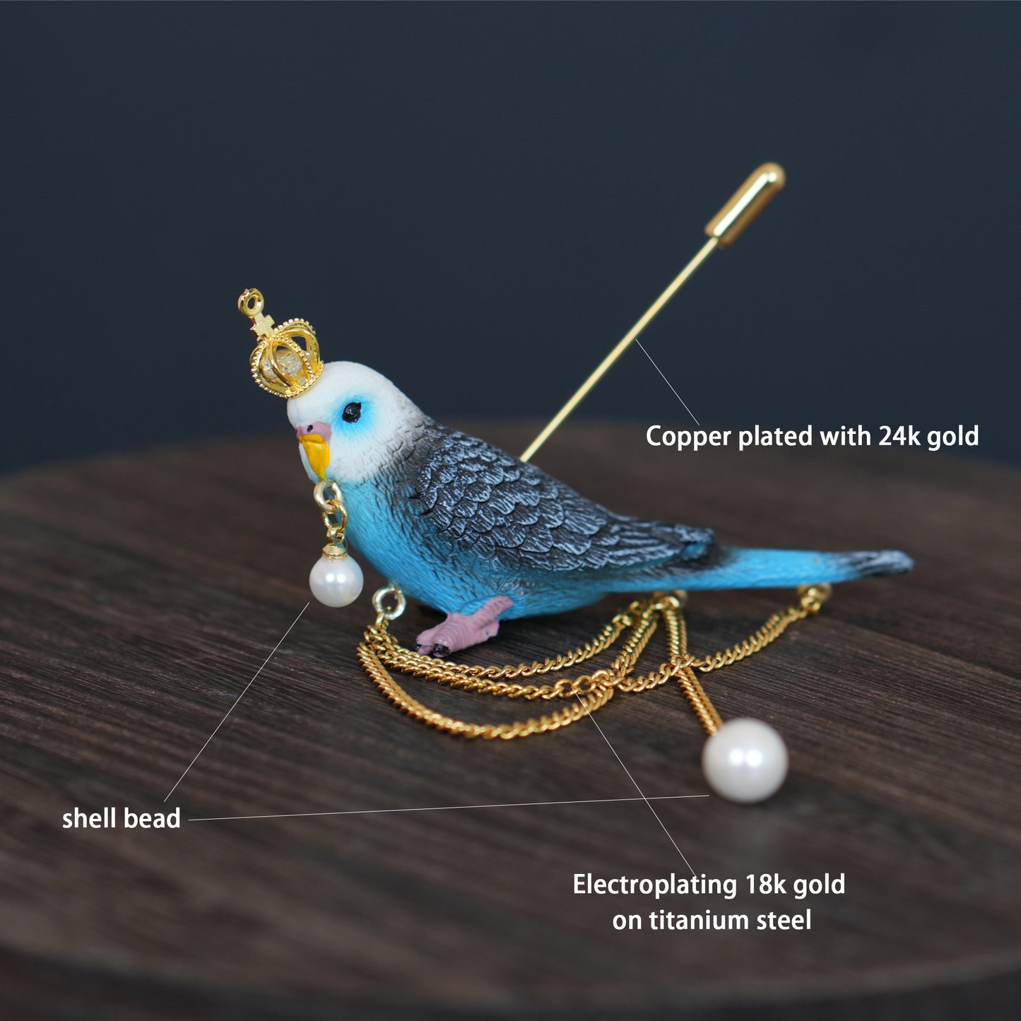 Blue Budgie Crown Brooch, Handmade Bird Jewelry, Pearl Chain Pin, Gift for Bird Lovers