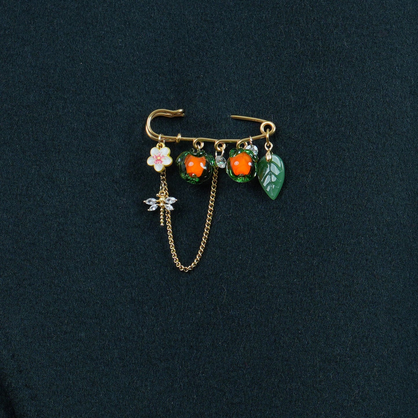 Glass Persimmon Fruit Brooch, Vintage Style Gold Pin with  Dragonfly, Mother's Day Gift