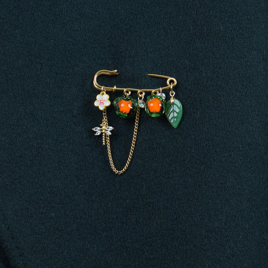 Glass Persimmon Fruit Brooch, Vintage Style Gold Pin with  Dragonfly, Mother's Day Gift