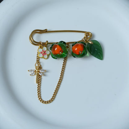 Glass Persimmon Fruit Brooch, Vintage Style Gold Pin with  Dragonfly, Mother's Day Gift
