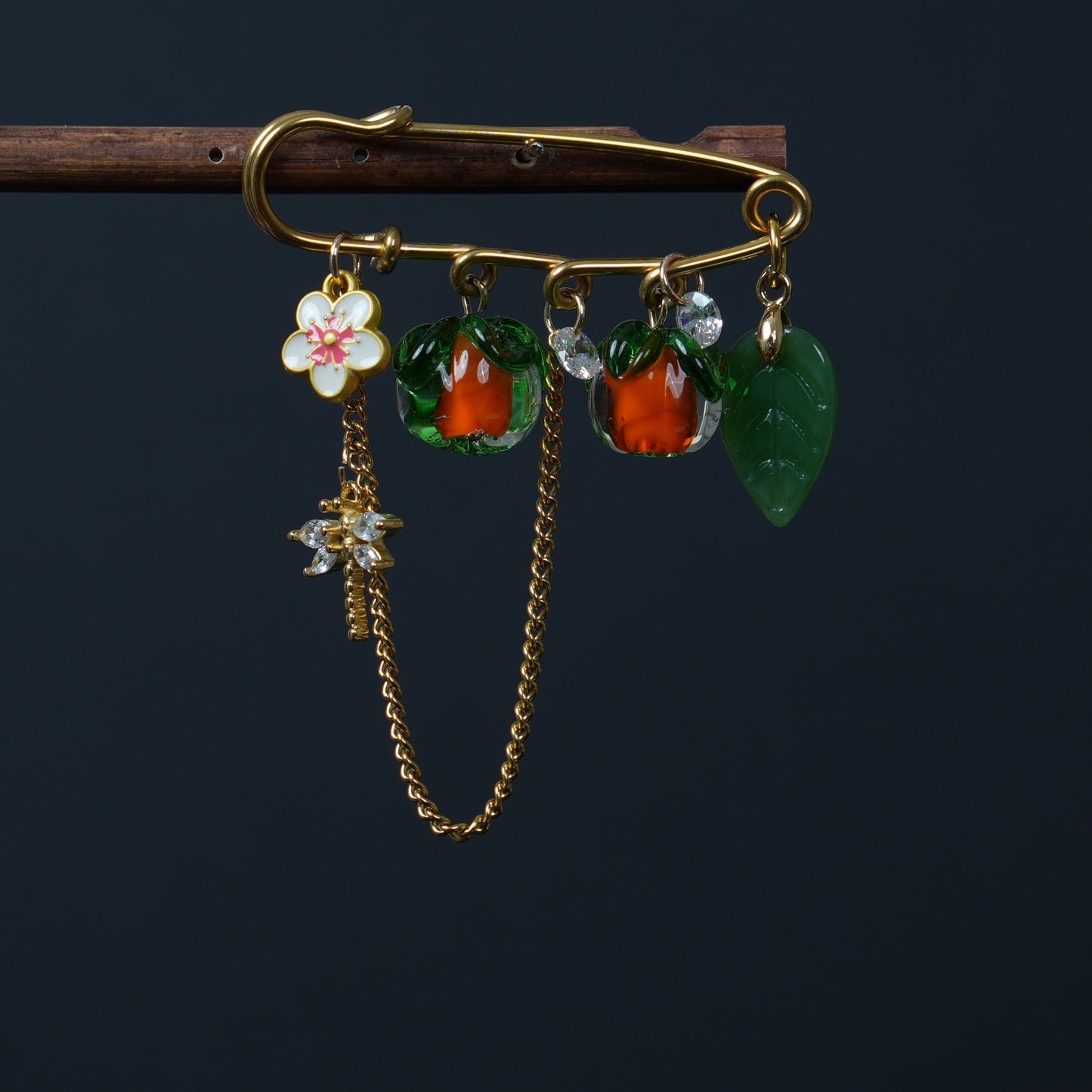 Glass Persimmon Fruit Brooch, Vintage Style Gold Pin with  Dragonfly, Mother's Day Gift