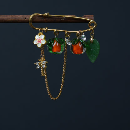 Glass Persimmon Fruit Brooch, Vintage Style Gold Pin with  Dragonfly, Mother's Day Gift