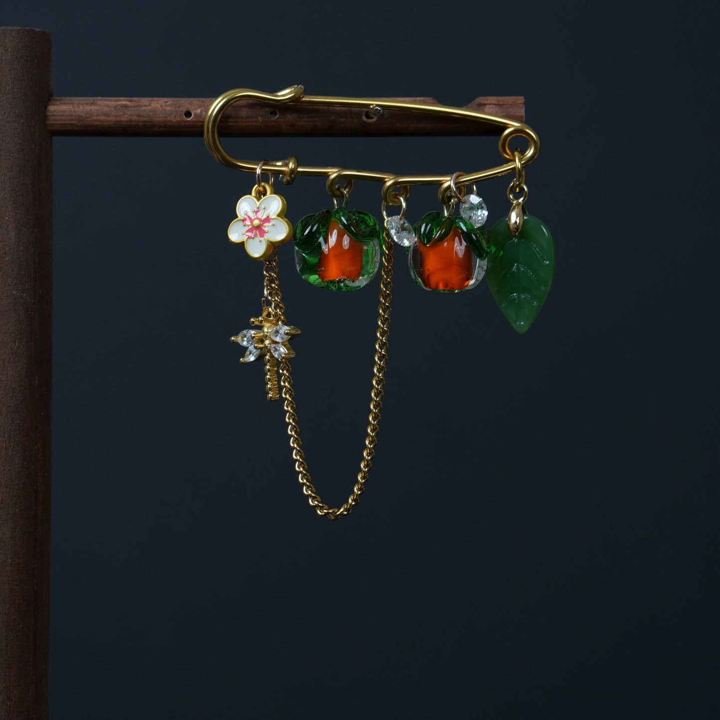 Glass Persimmon Fruit Brooch, Vintage Style Gold Pin with  Dragonfly, Mother's Day Gift
