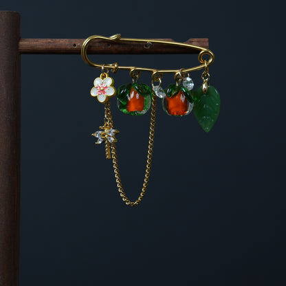 Glass Persimmon Fruit Brooch, Vintage Style Gold Pin with  Dragonfly, Mother's Day Gift