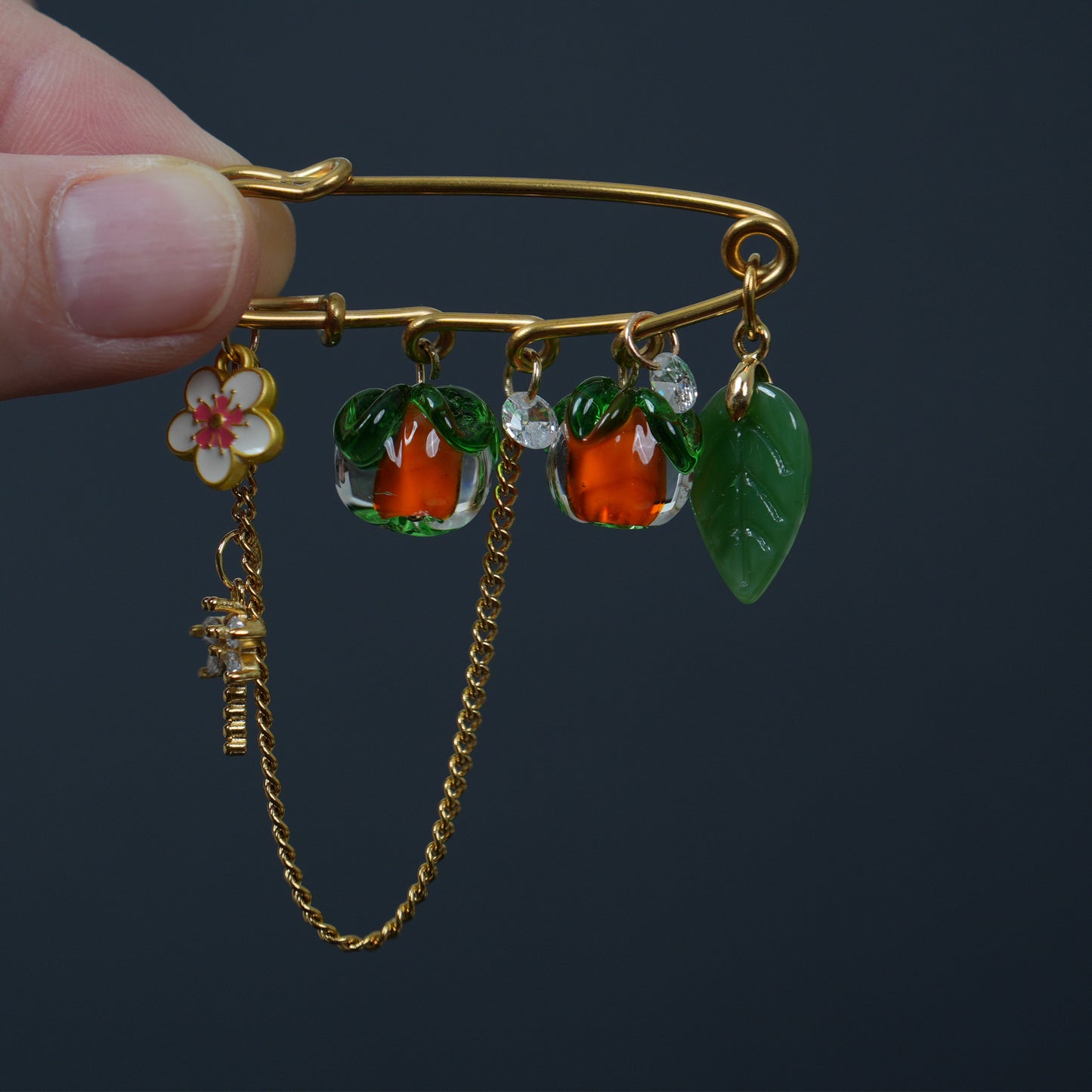 Glass Persimmon Fruit Brooch, Vintage Style Gold Pin with  Dragonfly, Mother's Day Gift