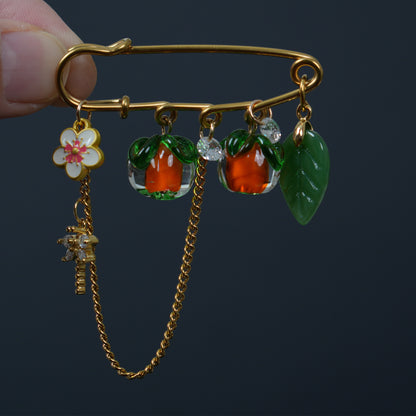Glass Persimmon Fruit Brooch, Vintage Style Gold Pin with  Dragonfly, Mother's Day Gift