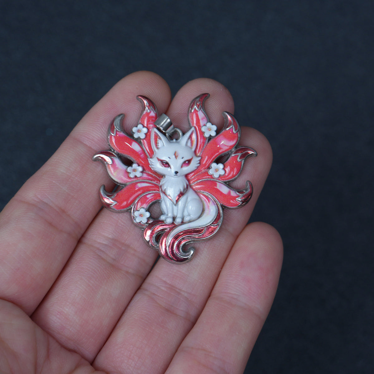 Red Nine Tailed Fox Enamel Charm，Kitsune pendant