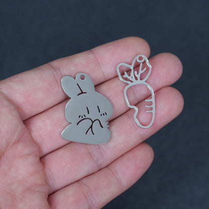 Stainless Steel Bunny and Carrot Charm Set, Rabbit Pendant, Animal Jewelry Component