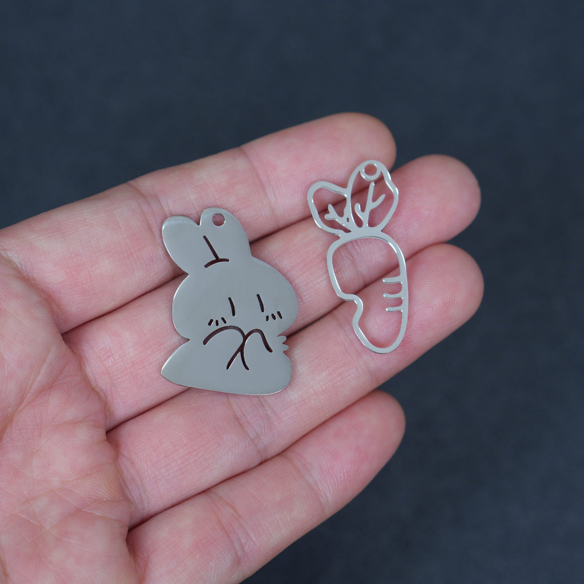 Stainless Steel Bunny and Carrot Charm Set, Rabbit Pendant, Animal Jewelry Component