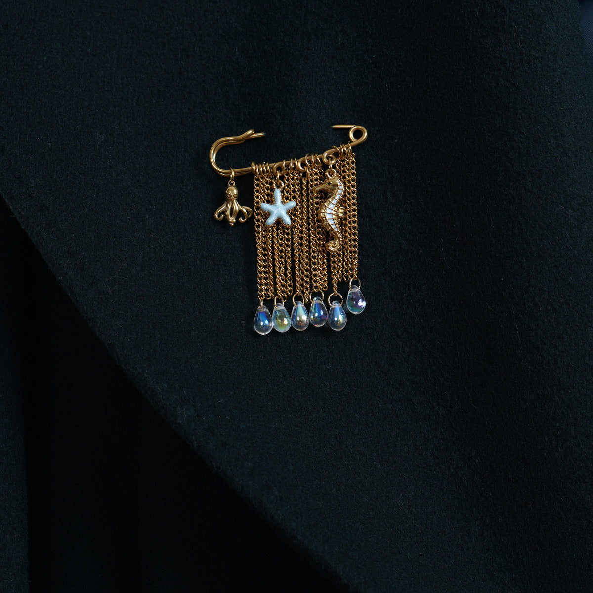 Stainless Steel Ocean Safety Lapel Pin, Seahorse Starfish Octopus Czech Glass Tassel Brooch