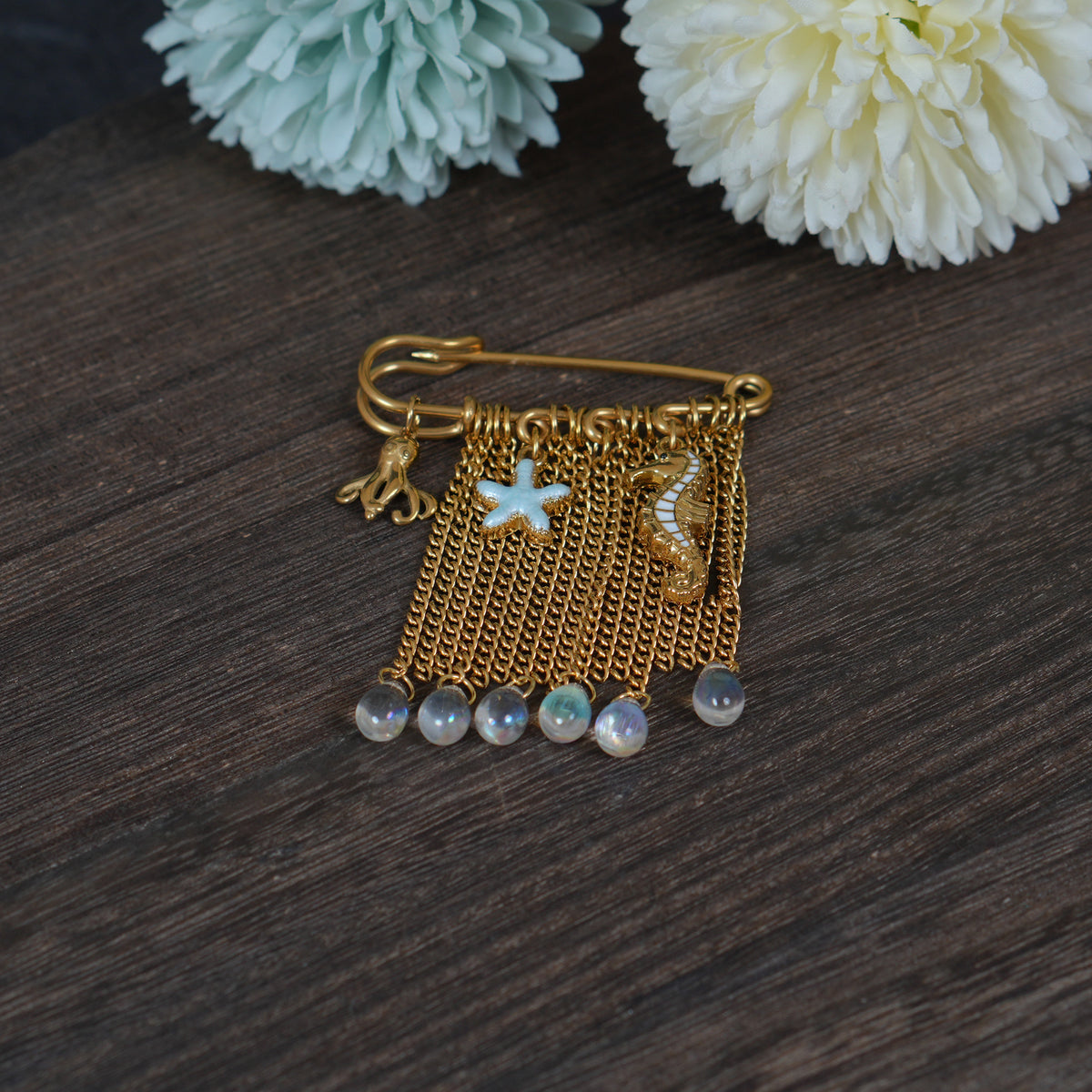 Stainless Steel Ocean Safety Lapel Pin, Seahorse Starfish Octopus Czech Glass Tassel Brooch