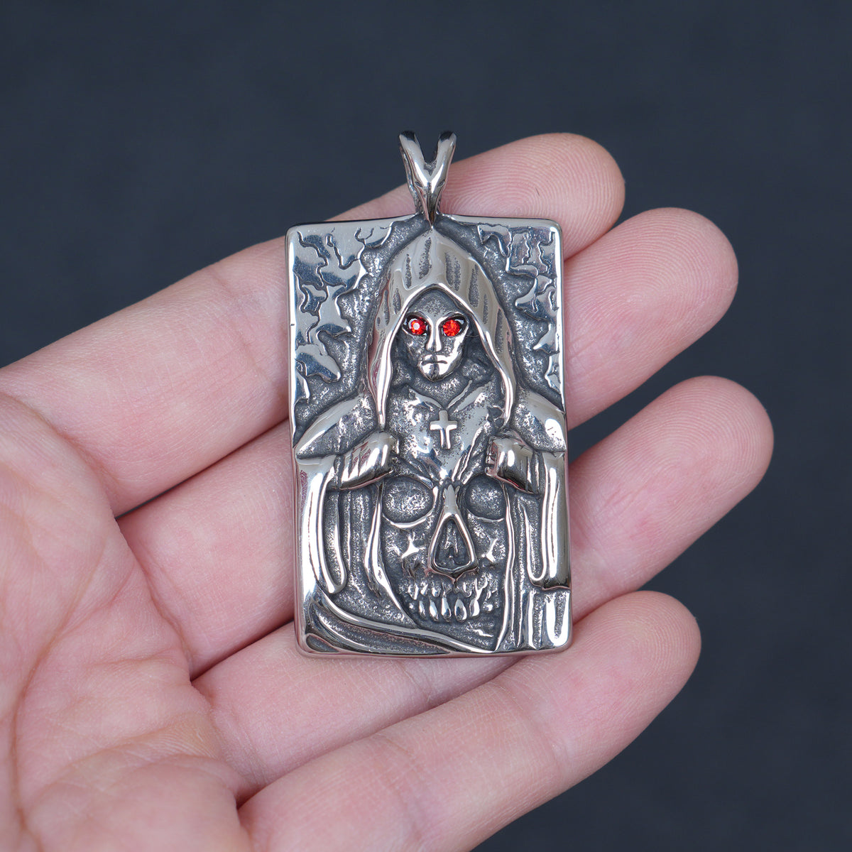 Stainless Steel Santa Muerte Pendant, Skull Cross Dog Tag Charm, Gothic Reversible Jewelry Supply