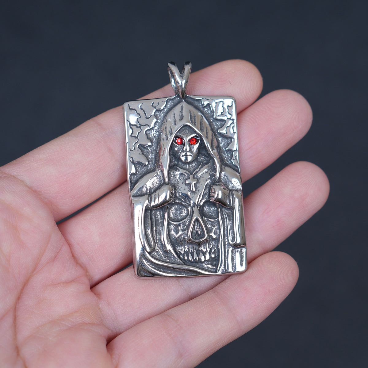 Stainless Steel Santa Muerte Pendant, Skull Cross Dog Tag Charm, Gothic Reversible Jewelry Supply