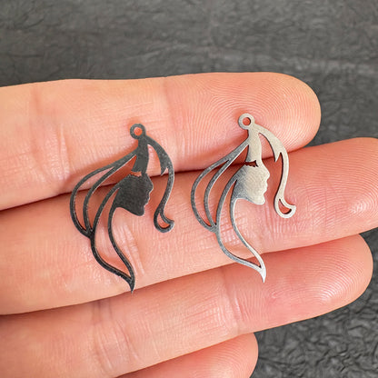 2PCS Stainless Steel Woman Face Silhouette Charm, DIY Jewelry Making Pendant