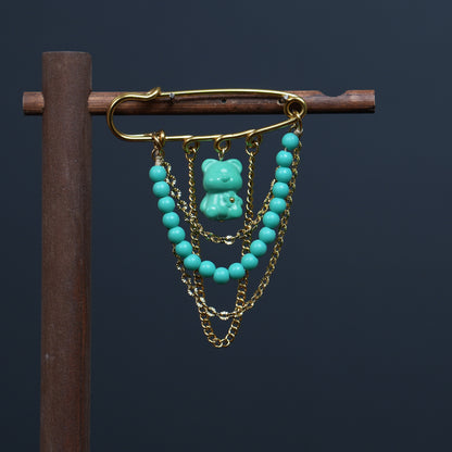 Handmade Teddy Bear Safety  Brooch, Natural Magnesite Turquoise Stainless Steel Lapel Pin