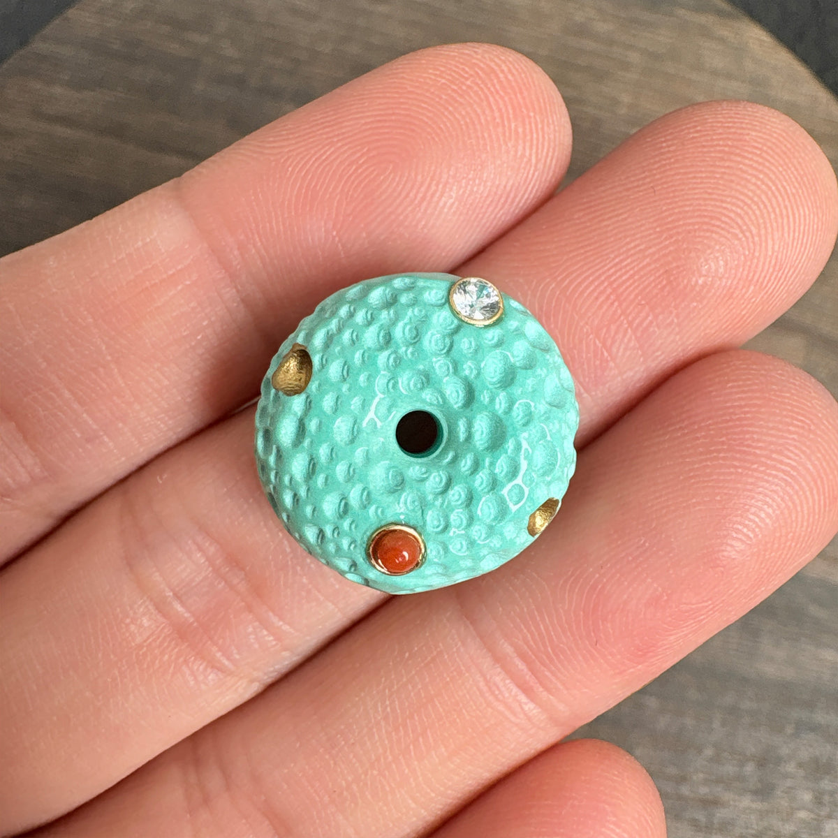 18mm Textured Turquoise Magnesite Donut Pendant, Inlaid Nanhong Crystal Gold Studded Charms for Jewelry Making