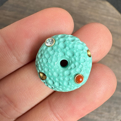18mm Textured Turquoise Magnesite Donut Pendant, Inlaid Nanhong Crystal Gold Studded Charms for Jewelry Making