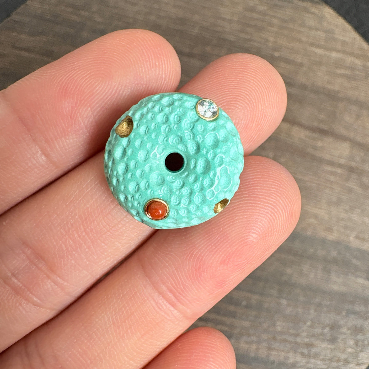 18mm Textured Turquoise Magnesite Donut Pendant, Inlaid Nanhong Crystal Gold Studded Charms for Jewelry Making
