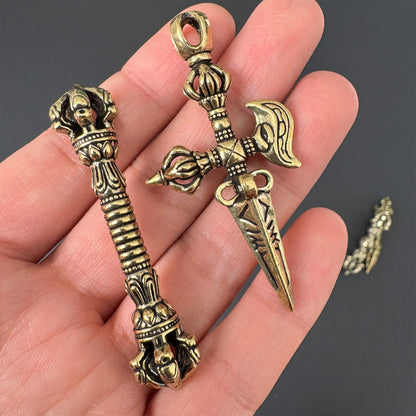 Vintage Brass Vajra Phurba Pendant, Tibetan Demon-Subduing Dagger Charm, Buddhist Protection Amulet