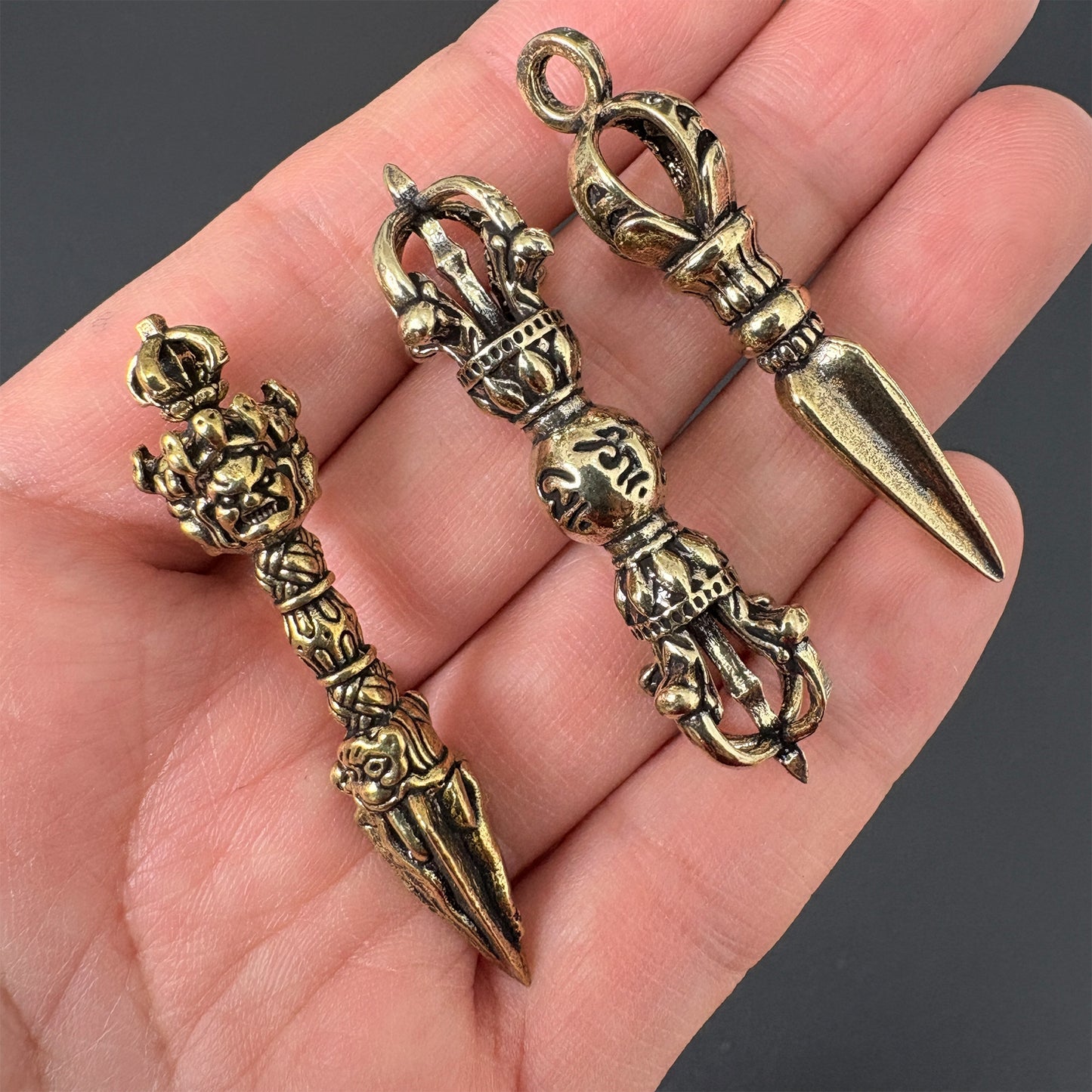 Vintage Brass Vajra Phurba Pendant, Tibetan Demon-Subduing Dagger Charm, Buddhist Protection Amulet