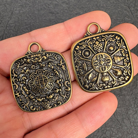 Vintage Brass Amulet Pendant, Eight Auspicious Symbols Dharma Wheel Protection Charm