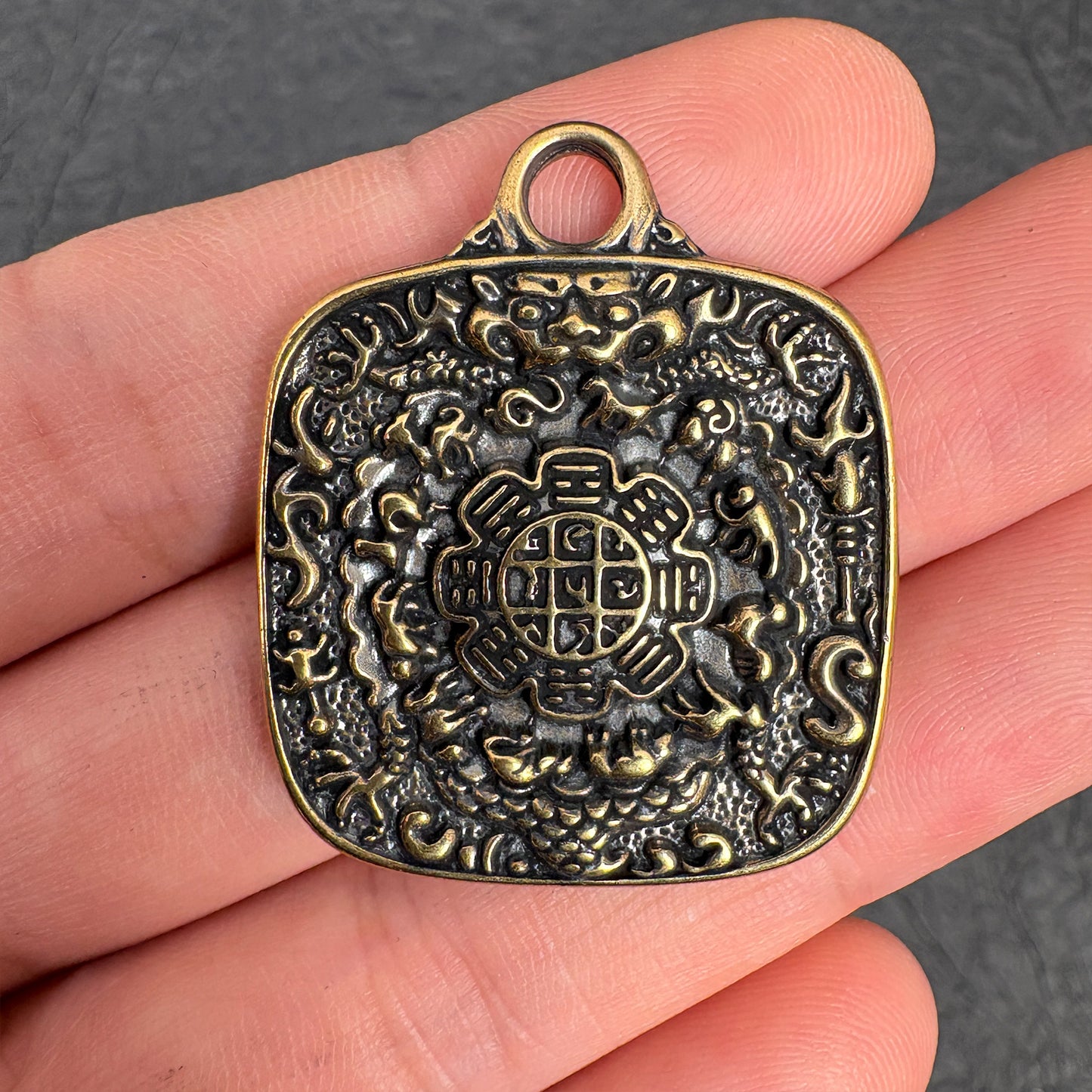 Vintage Brass Amulet Pendant, Eight Auspicious Symbols Dharma Wheel Protection Charm