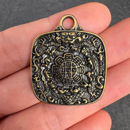 Vintage Brass Amulet Pendant, Eight Auspicious Symbols Dharma Wheel Protection Charm