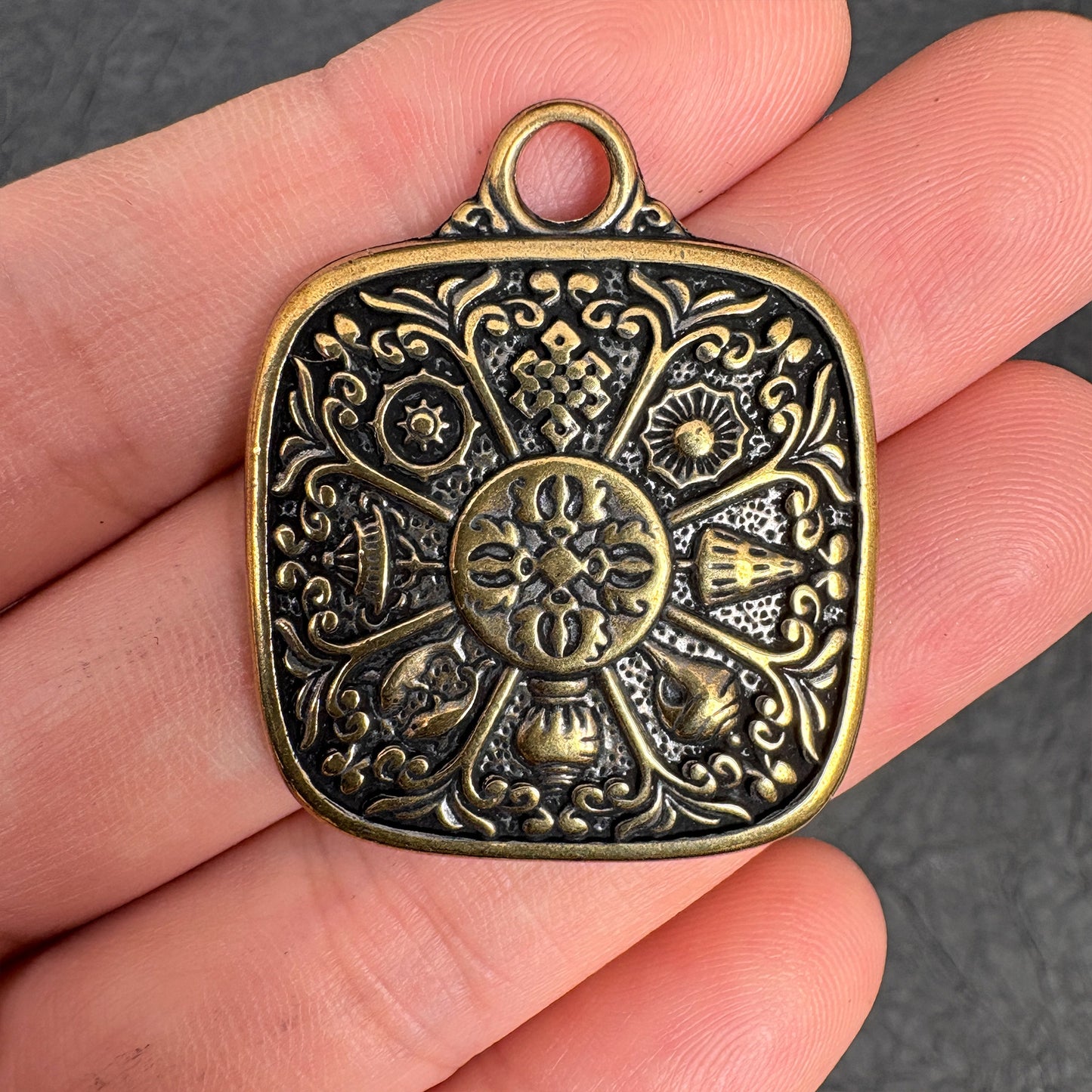 Vintage Brass Amulet Pendant, Eight Auspicious Symbols Dharma Wheel Protection Charm