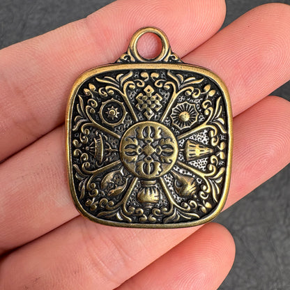 Vintage Brass Amulet Pendant, Eight Auspicious Symbols Dharma Wheel Protection Charm