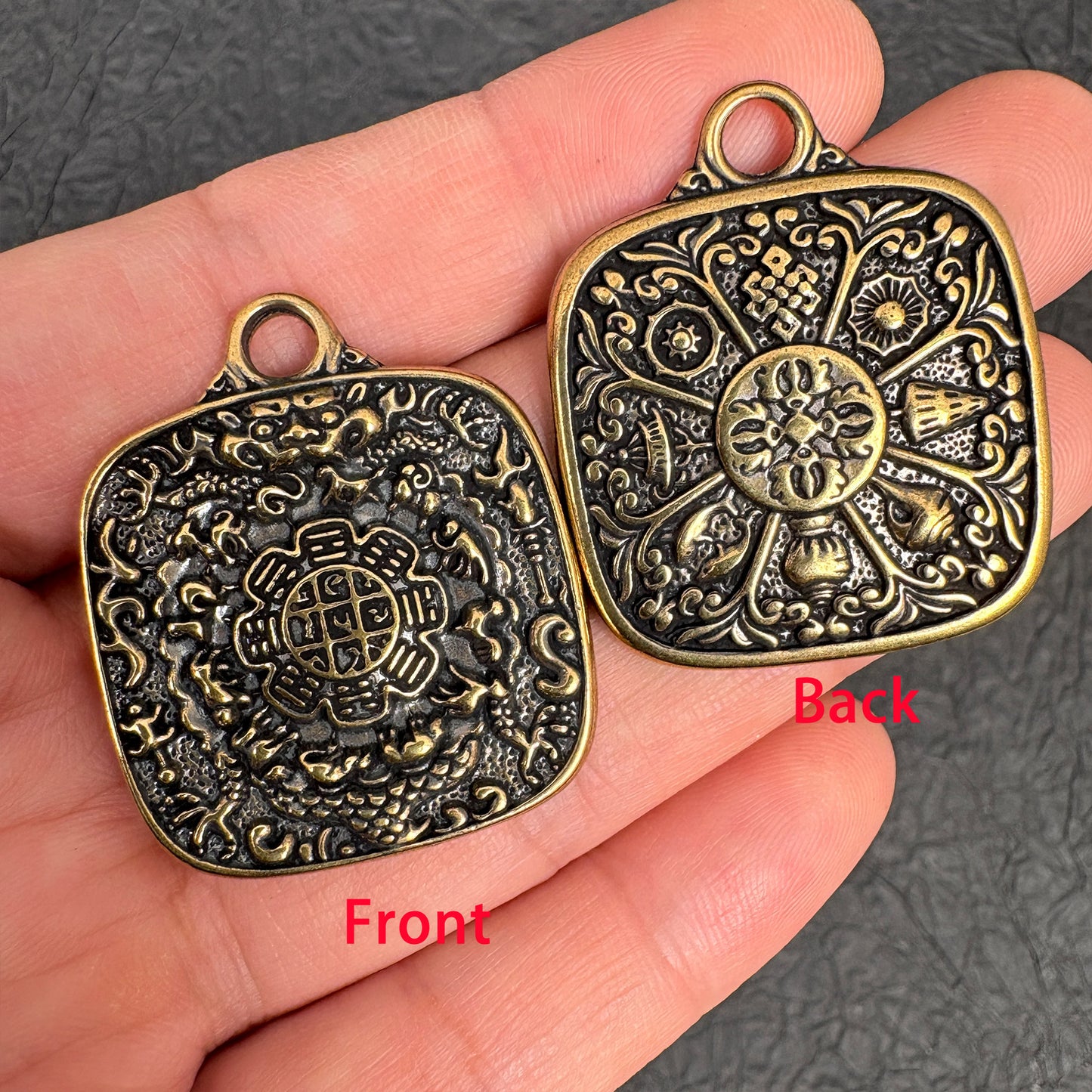 Vintage Brass Amulet Pendant, Eight Auspicious Symbols Dharma Wheel Protection Charm