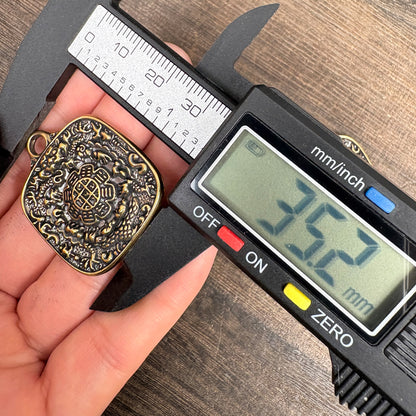 Vintage Brass Amulet Pendant, Eight Auspicious Symbols Dharma Wheel Protection Charm