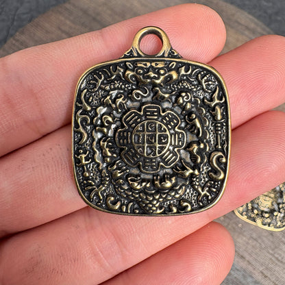 Vintage Brass Amulet Pendant, Eight Auspicious Symbols Dharma Wheel Protection Charm
