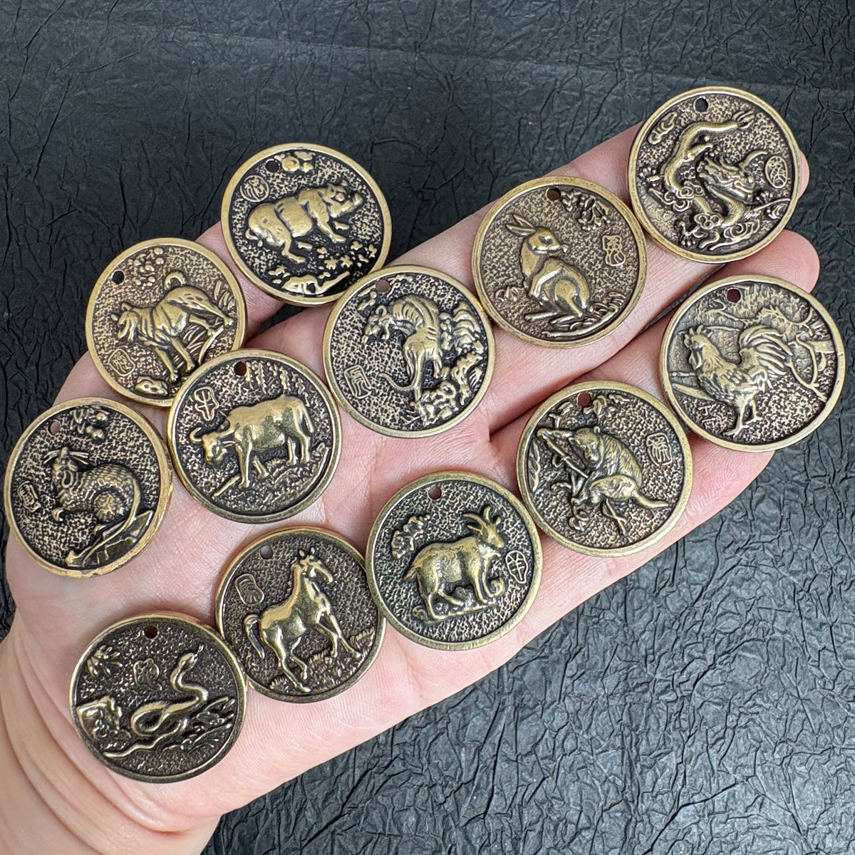 Vintage Brass Zodiac Coin Charm, Rat Ox Tiger Rabbit Dragon Snake Horse Goat Monkey Rooster Dog Pig Pendant