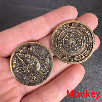 Vintage Brass Zodiac Coin Charm, Rat Ox Tiger Rabbit Dragon Snake Horse Goat Monkey Rooster Dog Pig Pendant