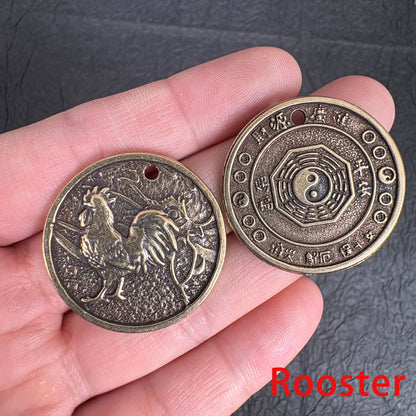 Vintage Brass Zodiac Coin Charm, Rat Ox Tiger Rabbit Dragon Snake Horse Goat Monkey Rooster Dog Pig Pendant