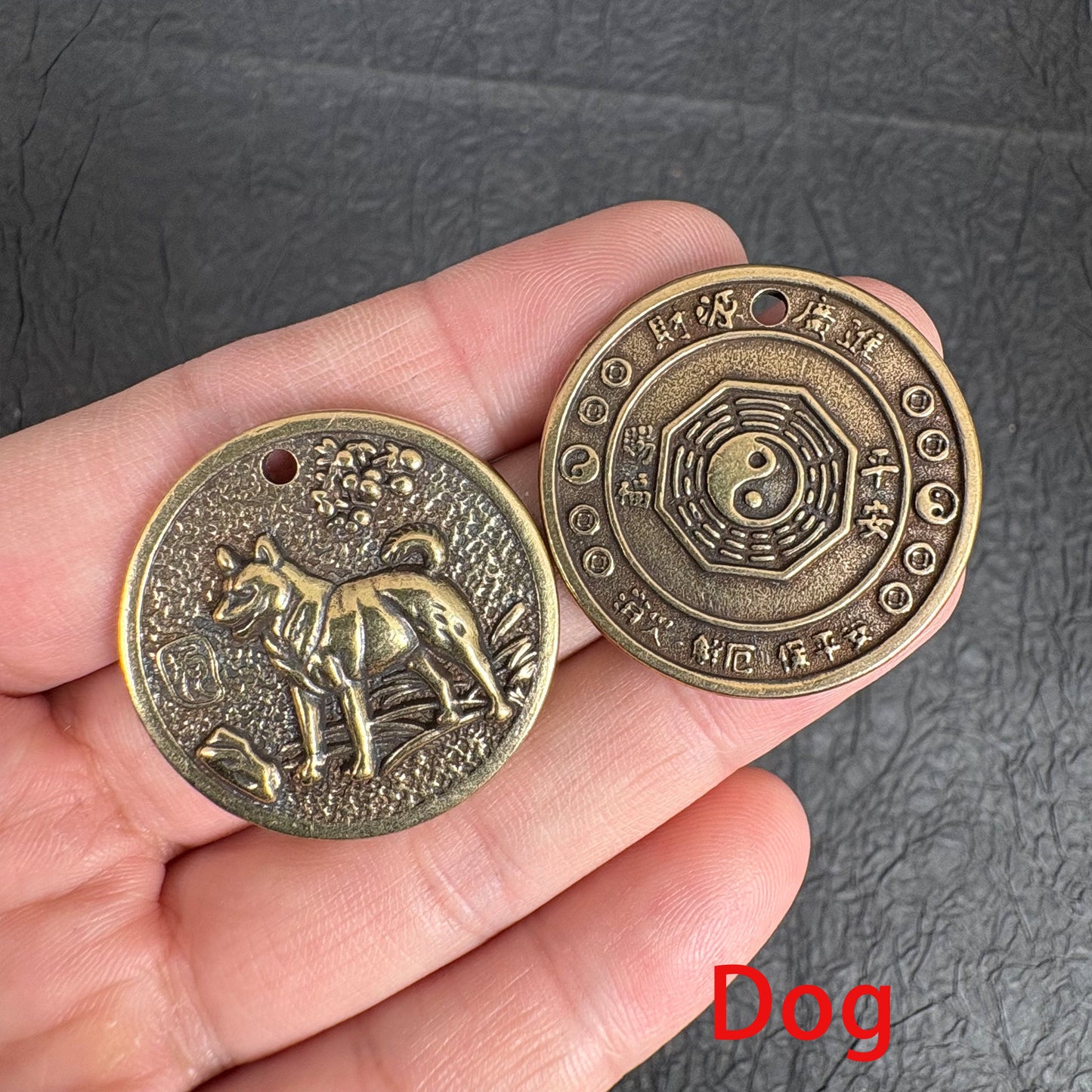 Vintage Brass Zodiac Coin Charm, Rat Ox Tiger Rabbit Dragon Snake Horse Goat Monkey Rooster Dog Pig Pendant