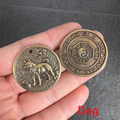 Vintage Brass Zodiac Coin Charm, Rat Ox Tiger Rabbit Dragon Snake Horse Goat Monkey Rooster Dog Pig Pendant