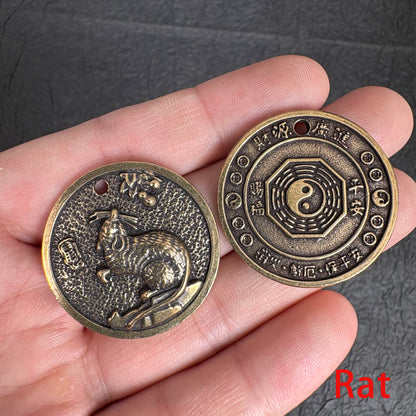 Vintage Brass Zodiac Coin Charm, Rat Ox Tiger Rabbit Dragon Snake Horse Goat Monkey Rooster Dog Pig Pendant