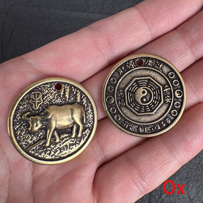 Vintage Brass Zodiac Coin Charm, Rat Ox Tiger Rabbit Dragon Snake Horse Goat Monkey Rooster Dog Pig Pendant